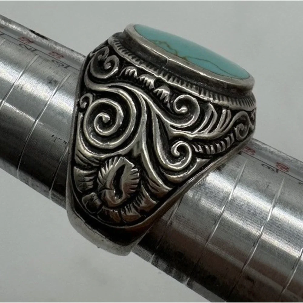 Southwestern 925 Silver Vintage Engraved Cigar Band Turquoise Inlay Ring Sz 8